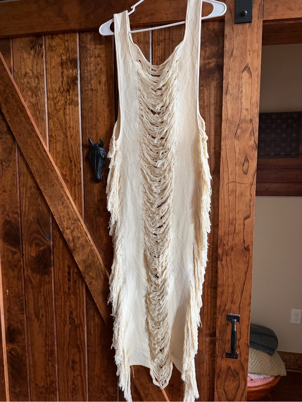 Boho Fringe Open-Weave Cream Maxi Dress beach cover up